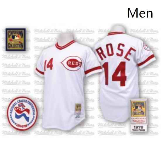 Mens Mitchell and Ness Cincinnati Reds 14 Pete Rose Authentic White Throwback MLB Jersey